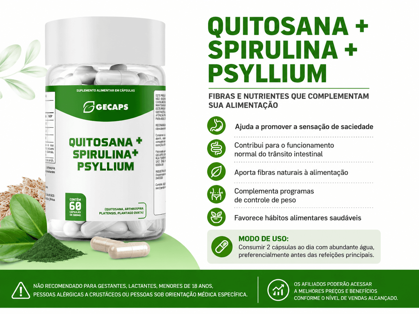 QUITOSANA + SPIRULINA + PSYLLIUM – 60 Cápsulas